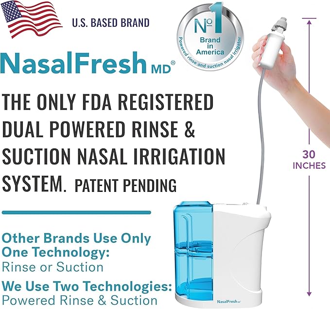 NASALFRESH MD Premium Bundle–Dual Powered Nasal Irrigation System Nasal Rinse and Wash, Sinus Decongestant Relief System, 60 Saline Packets, Case, Rechargeable, 2 Sets of Nose Pillows–Snoring Remedy