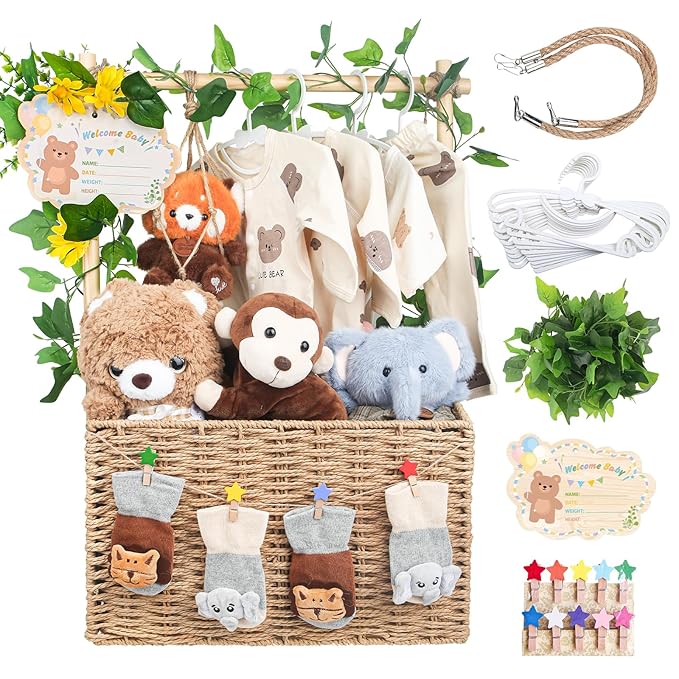 Wooden Woven Baby Shower Crate – Foldable Storage Basket with Handles, Handwoven Gift Box for Baby Shower & Newborn Essentials, Welcome Gift for Baby Shower, Newborn Boys Girls