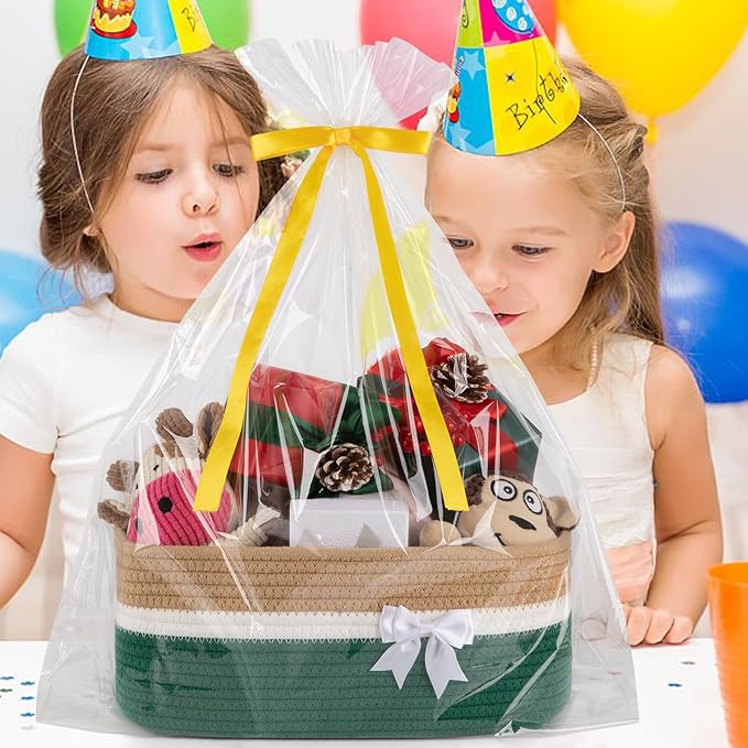 OIAHOMY Large Woven Storage Basket with Handles for Nursery Living Room Shelves, Bow Basket for Gifts Empty with Gift Bags and Ribbons for Baby Showers Pet Toy Bin -Yellow & Dark Green