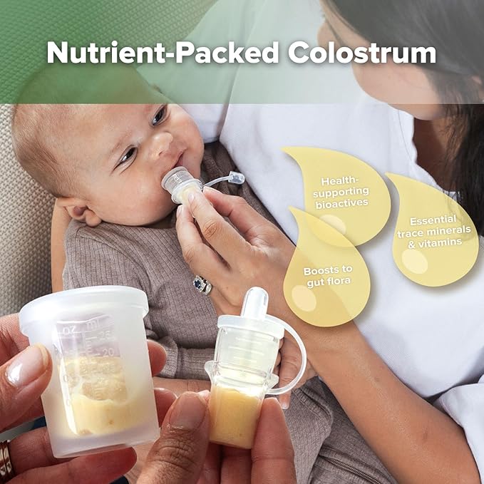 haakaa Colostrum Collectors 2ml/6pcs & Lidded Feeding Cup 25ml/1pc Set - Collect, Store & Feed Colostrum in One, Ready-to-Use Individually Wrapped, Reusable Colostrum Syringes for Liquid Gold