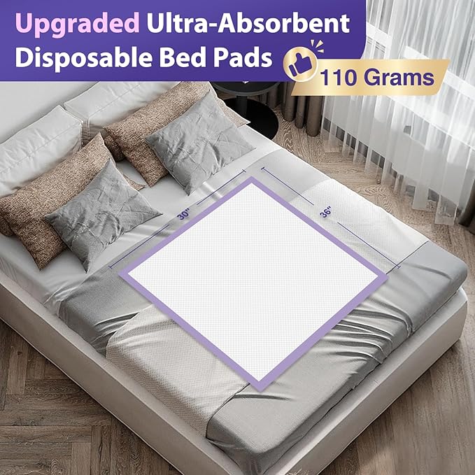 110 Grams Heavy Duty Bed Pads 30''X36'', 50 Count MILDPLUS Purple Disposable Underpads with Anti-Slip Film, Extra Large Chucks Pads, 3X Thicker Incontinence Pads for Adults, Kids or Pet