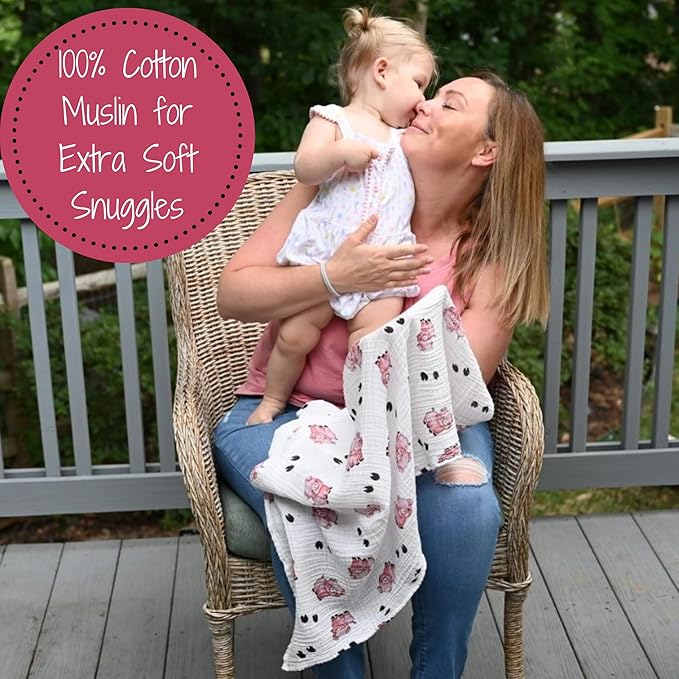 LollyBanks Muslin Swaddle Blankets for Boys and Girls, Large 47 x 47 Inches Baby Blanket, Soft and Breathable 100% Cotton Baby Receiving Blankets, Baby Essentials, Registry (Piggy Farm Theme)