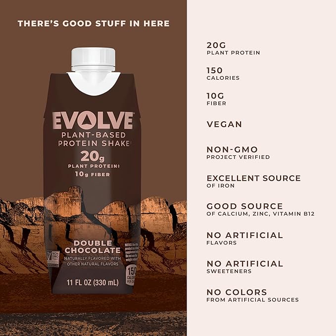 Evolve Plant Based Protein Shake, Double Chocolate, 20g Vegan Protein, Dairy Free, No Artificial Sweeteners, Non-GMO, 10g Fiber, 11 Fl Oz (Pack of 12) - (Formula May Vary)