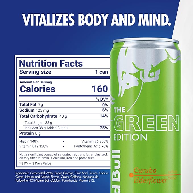 Red Bull Green Edition Energy Drink, Curuba Elderflower, with 114mg Caffeine plus Taurine & B Vitamins, 12 Fl Oz, Pack of 24 Cans