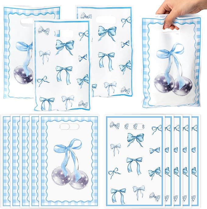 Blue Bow Party Favor Bags - 50Pcs Coquette Bow Knot Themed Goody Candy Treat Gifts Bags, Blue Theme Party Decorations for Kids Girls Women Birthday Wedding Bridal Shower Supplies