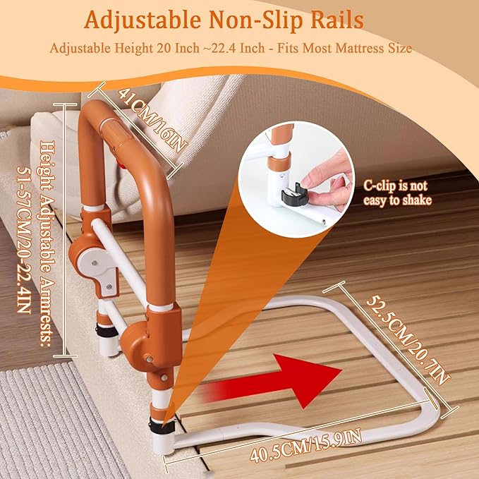 Folding Bed Rails for Elderly Adults Safety, Adjustable Height Bed Assist Rails for Seniors, Foldable Bed Side Rails with Non-Slip Handle and Storage Pouch, Fits King Queen Full Twin Beds