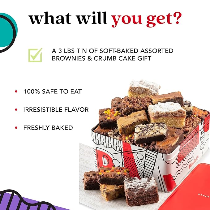 David's Cookies Assorted Brownies & Crumb Cake Gift Tin 3Lbs - Delicious, Fresh Baked Snacks, Gourmet Chocolate Fudge Slices, Brownies Gift Basket - Ideal Gift for Superbowl & Other Special Occasions