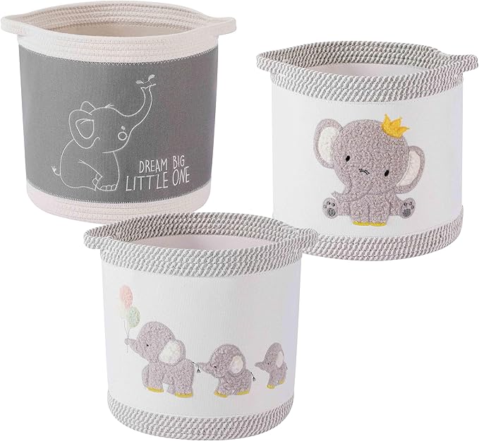 3-Piece Woven Baby Toy Blanket Storage Baskets Laundry Hampers, Elephant Design Foldable Nursery Organizer for Toys Clothes Stuffed Animals, Roomy Sturdy Hamper for Baby Gift Nursery Decor Basket
