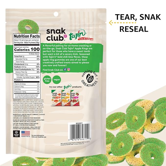 Snak Club Tajin Apple Rings, Sweet & Tasty Gummy Snacks, 11oz Family Size, Resealable Bag, 6 Count