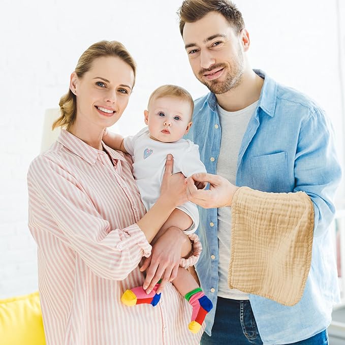 12 Pack Muslin Burp Cloths - Large 20" x 10", Ultra Absorbent 100% Cotton for Baby Drool and Messes - Soft, Gentle Baby Burp Rag for Boys & Girls -Brown