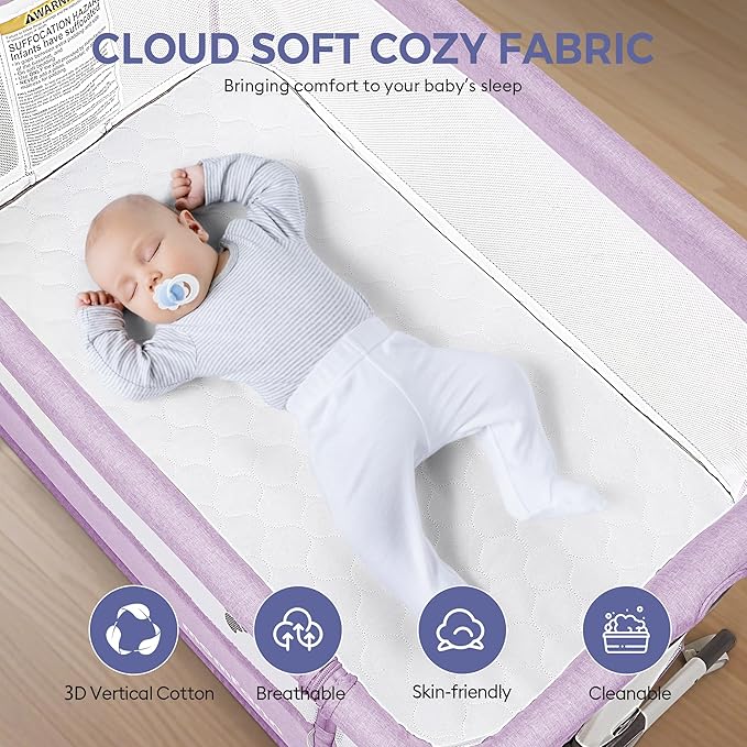 Baby Bassinet Bedside Sleeper, Upgraded Stability Bedside Crib with Full Mesh Sides, Soft Sheet, 6-Height Adjustment, Storage Basket, Easy Folding Portable Bassinet for Newborns,Pinkish Purple