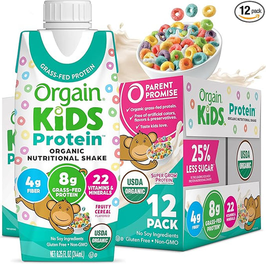 Orgain Organic Kids Nutritional Protein Shake, Fruity Cereal - Kids Snacks with 8g Dairy Protein, 22 Vitamins & Minerals, Fruits & Vegetables, Gluten Free, Soy Free, Non-GMO, 8.25 Fl Oz (Pack of 12)