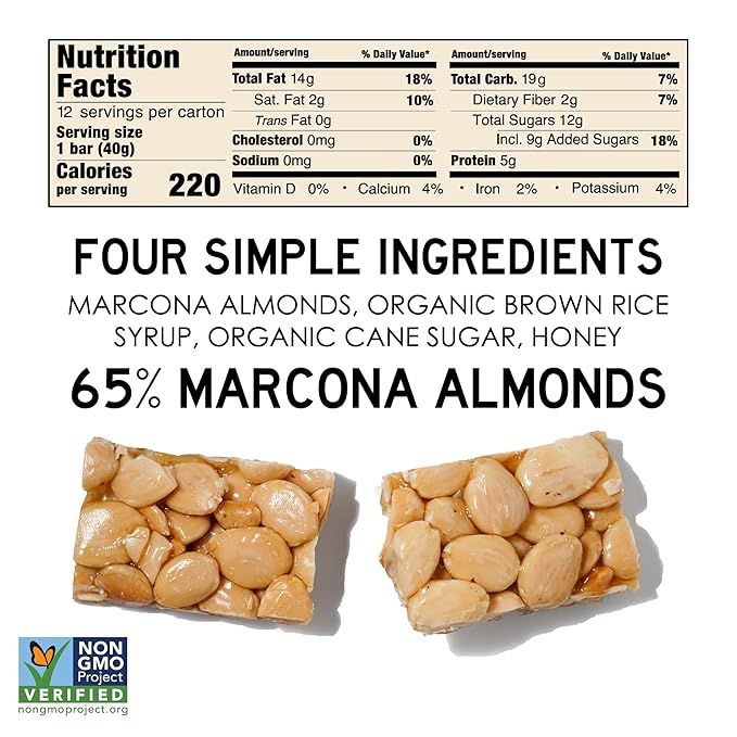 South 40 Snacks Crunchy Marcona Almond Bar, Just 4 Ingredients, Touch of Honey (40g Bar, Pack of 12)