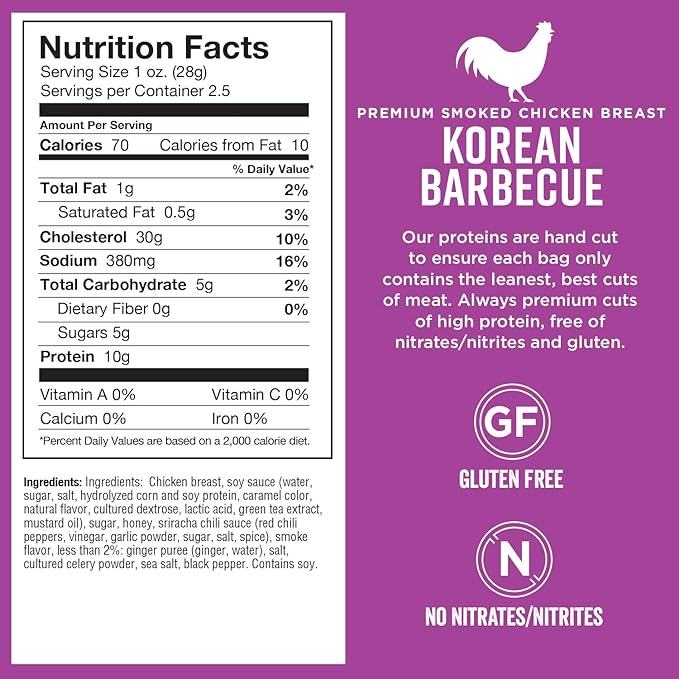 Chef's Cut Chicken Jerky Meat, Korean Barbecue (2.5 Ounce Bags, Pack of 4) - High Protein, 10g Protein, 70 Calories, Gluten-Free, Premium Smoked Chicken Breast, Keto Friendly Snack, Low Carb Snack