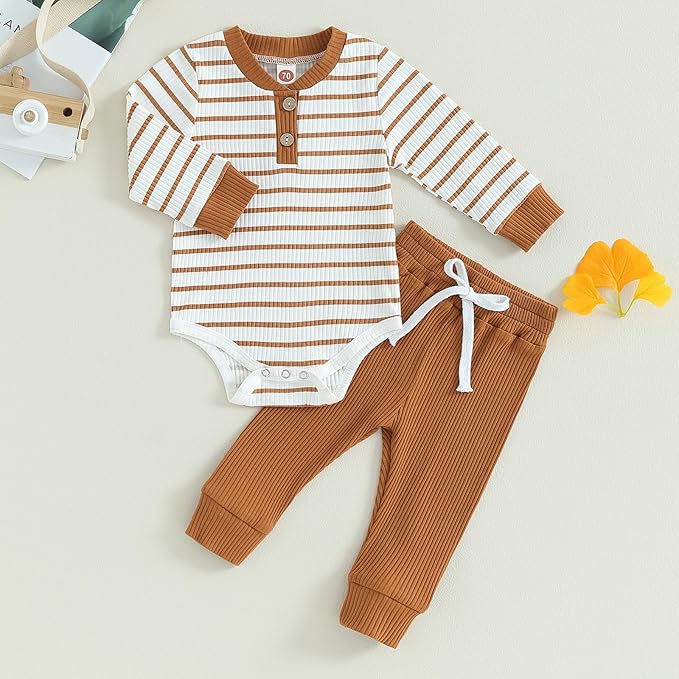 Newborn Baby Boy Girl Clothes Ribbed Knitted Long Sleeve Romper Pants Solid Cotton Infant Fall Winter Outfits 2Pcs