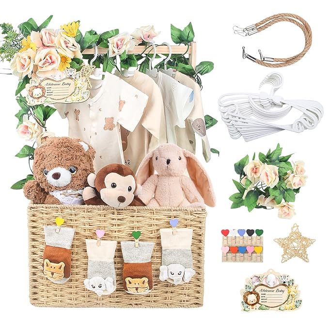 Wooden Baby Shower Crate Closet, Foldable Handwoven Storage Basket for Baby Shower Gifts, Welcome Gift Basket for Newborn Boys Girls, Pregnancy Gifts for New Parents