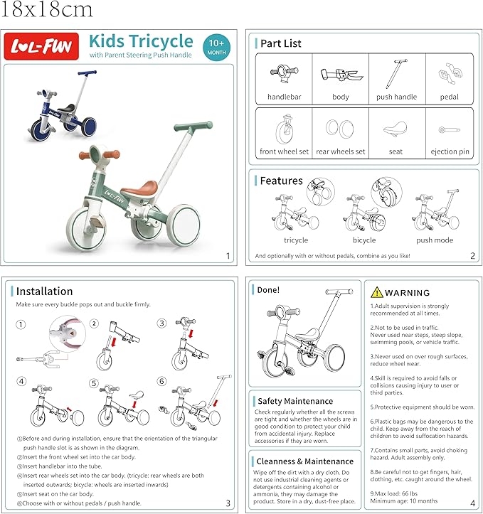 LOL-FUN Tricycle for Toddlers 1-3 Years Old Riding Toy, 5 in 1 Baby Balance Bike 2 Year Old Boys Girls with Parent Steering Push Handle