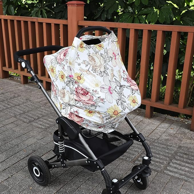 Floral Baby Car Seat Cover Girls, Infant Carseat Canopy, Stretchy Multi- use Nursing Cover for Stroller/High Chair/Shopping Cart/Car Seat Canopies