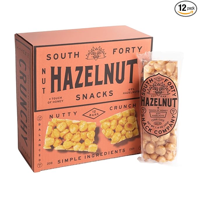 South 40 Snacks Crunchy Hazelnut Bar, Just 4 Ingredients, Touch of Honey (40g Bar, Pack of 12)