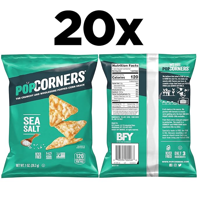 PopCorners Popped Corn Snacks, Sea Salt, 1 Ounce (Pack of 20) (Packaging May Vary)