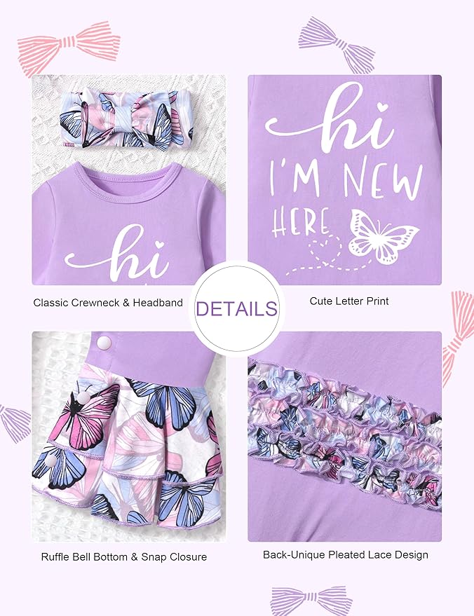 AGAPENG Newborn Girl Clothes Ruffle Letter Print Romper Infant Bell Bottom Jumpsuit Boho Baby Girl Clothes with Headband Hat