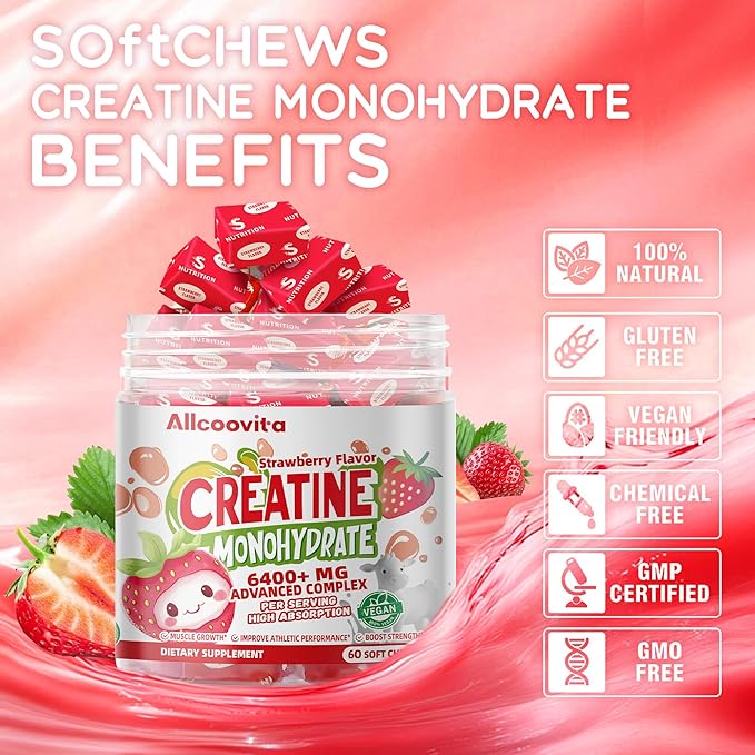 Creatine Monohydrate Chews Complex 6400mg for Men & Women -Advanced Formula W/L-Taurine + Vitamin B12, Sugar Free Chewable Supplement,60 Strawberry Softchews