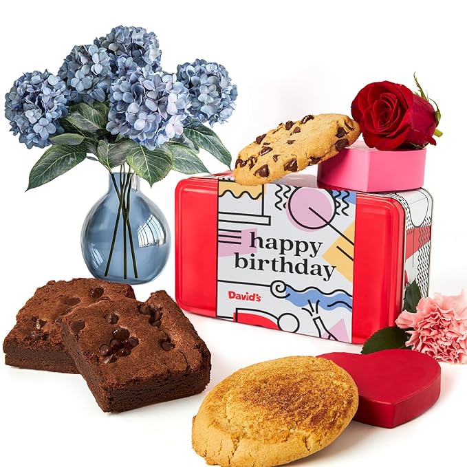 David’s Cookies Happy Birthday Gluten-Free Cookies & Brownies in Sweet Sampler Tin – Freshly Baked Classic Chocolate Chip Cookies & Fudgy Brownies – Gourmet Dessert Gift Box for Birthday Celebrations