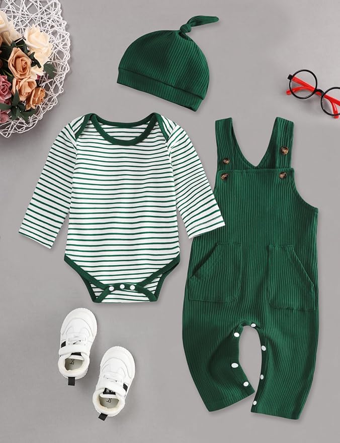 oklady Baby Boy Clothes Stripe Pattern Print Romper Top and Baby Overalls with Hat 0-18 Months Baby Boy Outfits
