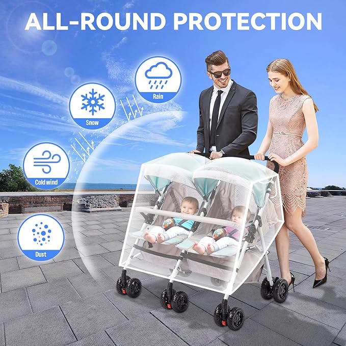 Double Stroller Rain Cover, Waterproof Weather Shield for Side by Side Baby Double Stroller, Twins Stroller Cover for Rain/Wind/Snow/Cold/Dust, Baby Outdoor Accessories