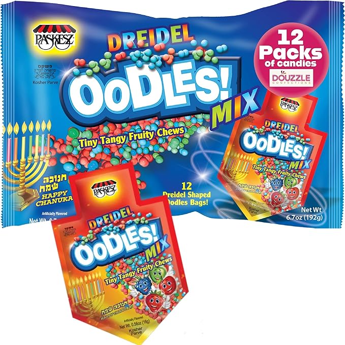 DOUzzle Hanukkah Candy Dreidels for Kids, Dreidel Shaped Oodles, MIX Falvors Tiny Tangy Fruity Chews (Pack of 1) Hanukah Party Favors, Happy Chanuka Sweet Treat & Gifts - Kosher Parve