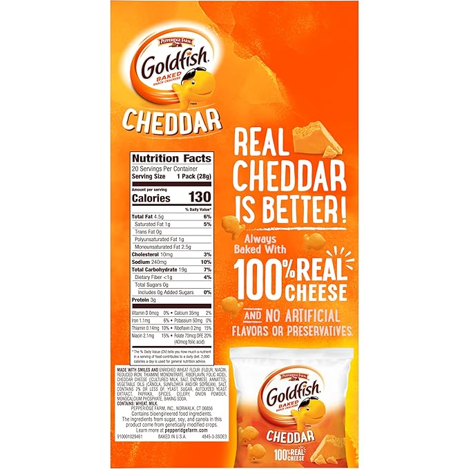 Goldfish Cheddar Cheese Crackers, Baked Snack Crackers, 1 oz On-the-Go Snack Packs, 20 Count Box