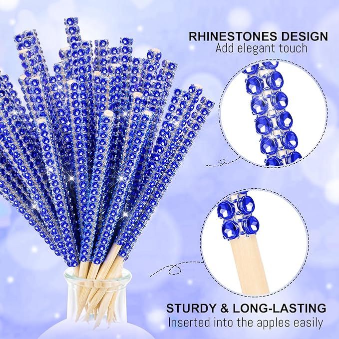 Bling Sticks for Candy Apples, 26Pcs Caramel Apple Wooden Pointed Skewers with 26Pcs Glass Bag and 22Yd Glitter Ribbons Tie, Fruit Cake Pop Chocolate Blue Crystal Bamboo Sticks for Party Favor