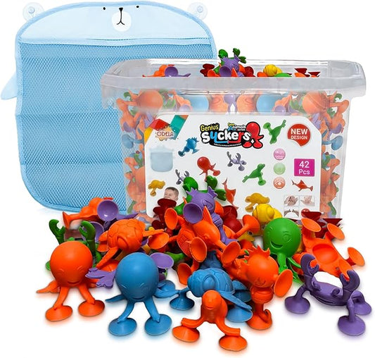 ODELA Genius Sucker Toys 42PCs Sea Animals Edition – Fun Colorful Toddler Bath Toy Animal Toys for Toddlers 1-3 – Safe and Durable Materials – Educational and Cute Designs – Ideal for Bath Time, Pool