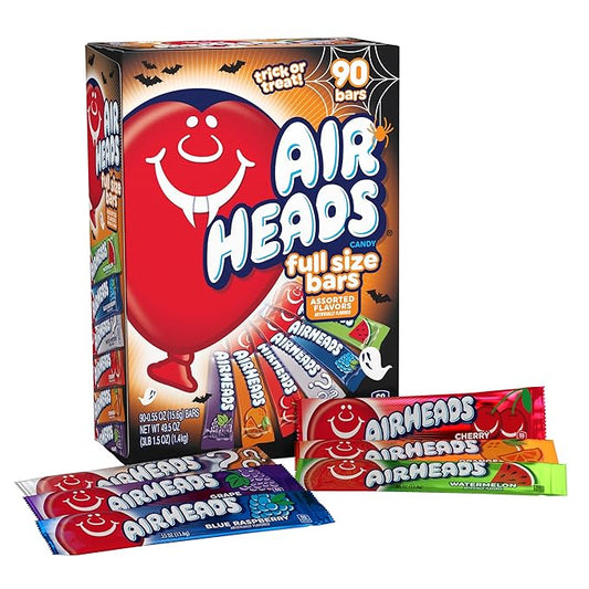 Airheads Sour Full-Sized Halloween Trick or Treat Taffy Candy Bars, Variety Mega Box, Assorted Flavors, Individually Wrapped Candy for Adults & Kids, Party Favors & Treat Bags, 90 Count