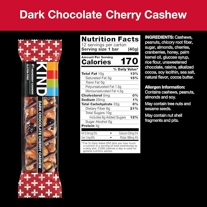 KIND Nut Bars, Dark Chocolate Cherry Cashew, Healthy Snacks, Gluten Free, 4g Protein, 12 Count