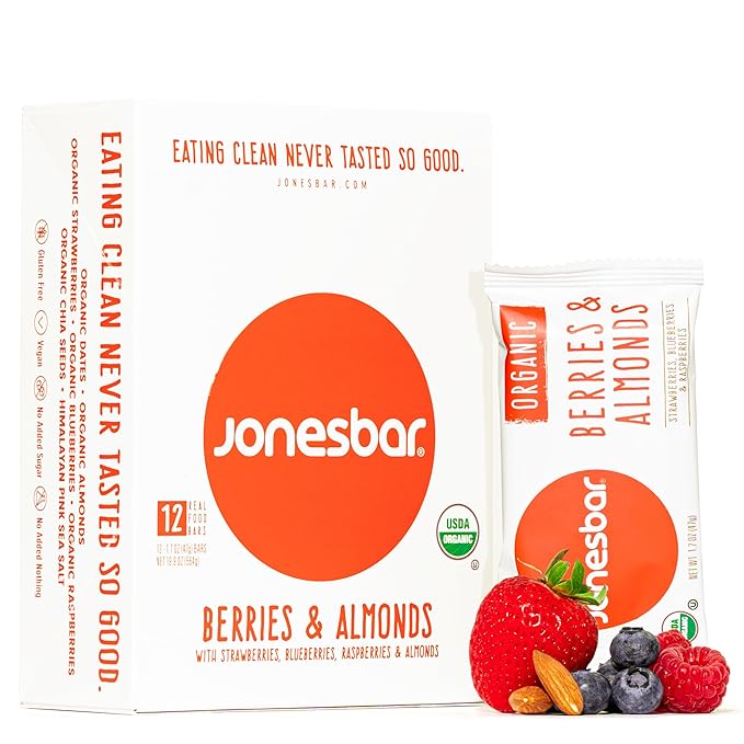 JONESBAR (Berries and Almonds, 12 Count (Pack of 1)), USDA Organic Fruit & Nut Bar, Non-GMO, Kosher, Vegan, Gluten Free, Simple Snack Bar
