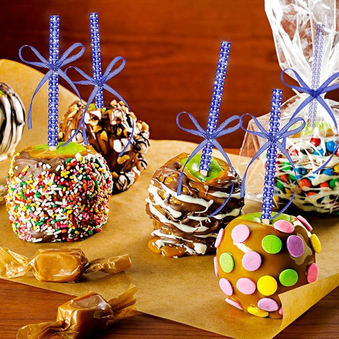 Bling Sticks for Candy Apples, 26Pcs Caramel Apple Wooden Pointed Skewers with 26Pcs Glass Bag and 22Yd Glitter Ribbons Tie, Fruit Cake Pop Chocolate Blue Crystal Bamboo Sticks for Party Favor