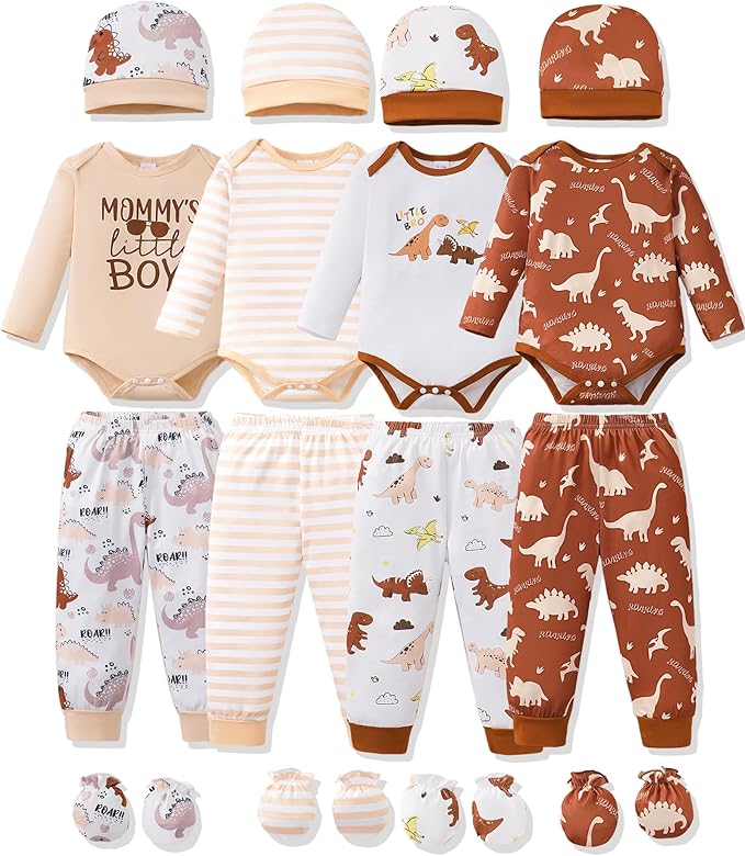 NZRVAWS Newborn Baby Boy Girl Clothes Unisex Infant Romper Pants Set Hat 4-Pack Outfits 0-12 Months 16 Pieces Toddler