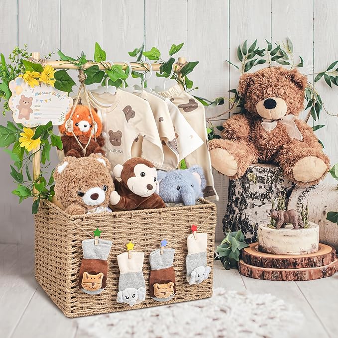 Wooden Woven Baby Shower Crate – Foldable Storage Basket with Handles, Handwoven Gift Box for Baby Shower & Newborn Essentials, Welcome Gift for Baby Shower, Newborn Boys Girls