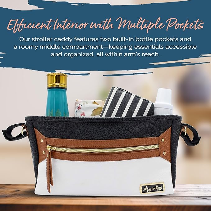 Itzy Ritzy Adjustable Stroller Caddy and Organizer Bag Featuring Front Zippered Pocket, 2 Built-In Interior Pockets & Adjustable Straps to Fit Nearly Any Stroller (Coffee and Cream)