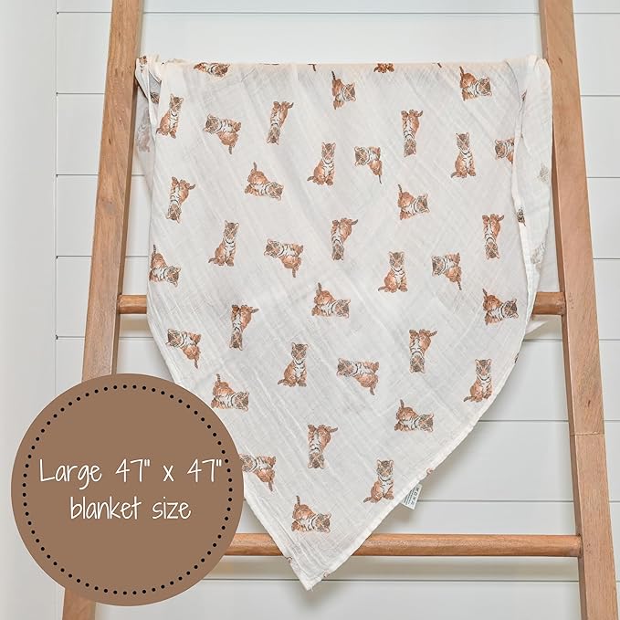 LollyBanks Baby Swaddle Blanket, 100% Muslin Cotton Baby Blanket for Boys and Girls, 47 x 47 Inches Soft and Breathable Swaddles for Newborns, Lightweight Newborn Blanket, Registry (Tiger Cub Print)