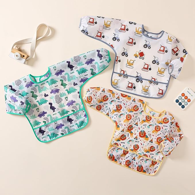 Sleeved Bib,5 Pack,Waterproof Shirt Bibs for Baby 3-24 Months Wipe Clean