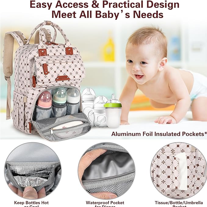 Baby Diaper Bag Backpack, Baby Bag for Girls Large Capacity with Stylish Flora, Travel Back Pack Multifunction Waterproof, Newborn Baby Registry Shower Gifts, Pink05