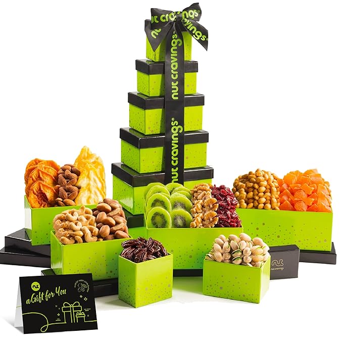 NUT CRAVINGS - Dried Fruit & Mixed Nuts Gift Basket Green Tower + Ribbon (12 Assortments) Food Arrangement, Healthy Snack Care Package, Food Assortments