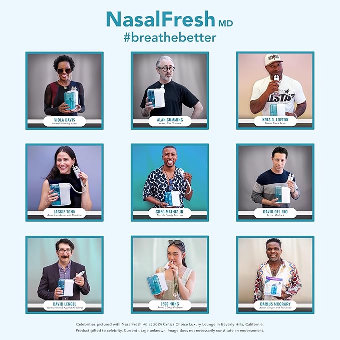 NASALFRESH MD Premium Bundle–Dual Powered Nasal Irrigation System Nasal Rinse and Wash, Sinus Decongestant Relief System, 60 Saline Packets, Case, Rechargeable, 2 Sets of Nose Pillows–Snoring Remedy