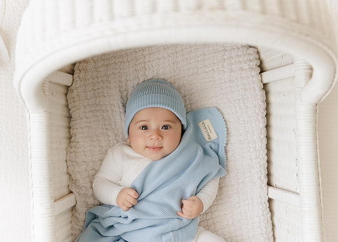 Luxe Collection 100% Organic Luxury Knit Baby Blanket + Hat Set (Sky Blue)