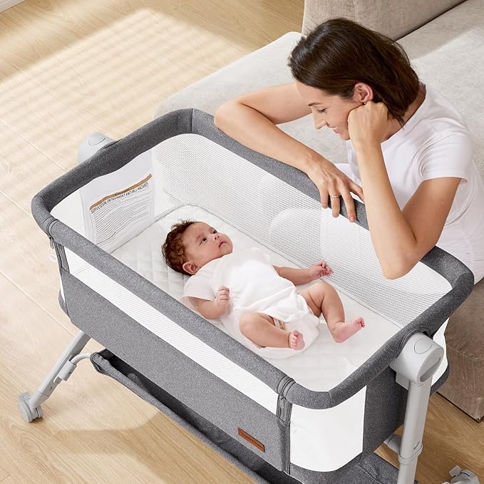 Bassinet Bedside Sleeper - All-Mesh Design, Portable Bedside Bassinet for Baby with Washable Mattress, 5 Adjustable Heights (Grey)