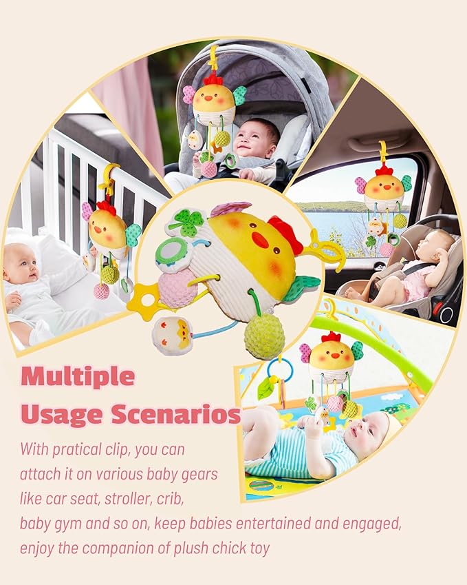 Baby Car Seat Toys 0-6 Months, Sensory Crib Hanging Soft Plush with Rattles, Crinkle Paper and Teether, Educational Toy for Baby Shower Newborn Infant Gifts (Yellow Chick)