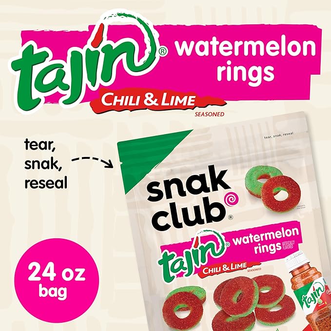 Snak Club Tajin Watermelon Rings Gummy Candy, Fruit Candy Gummies with Chili and Lime Seasoning, Mild, Gluten-Free and Vegan Snacks, 24 oz Resealable Bag
