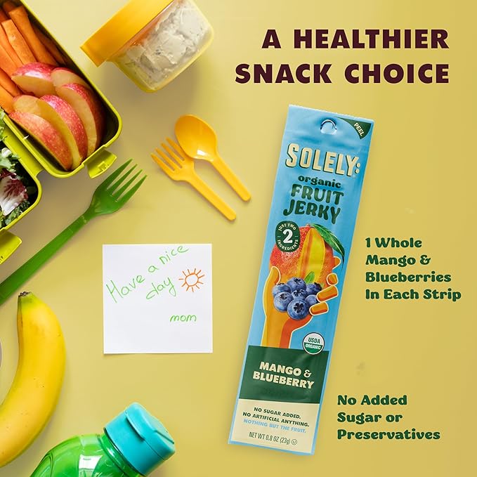 SOLELY - Organic Mango Blueberry Fruit Jerky - 12 Individually Wrapped Strips - Fruit Leather Made from Dried Fruit - Healthy Snacks for Adults & Kids - Non GMO, Vegan Snacks - 0.8oz (23g)